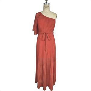 Ya Los Angeles Dress Womens Small Orange Maxi One Shoulder Sheer Pleated Silk